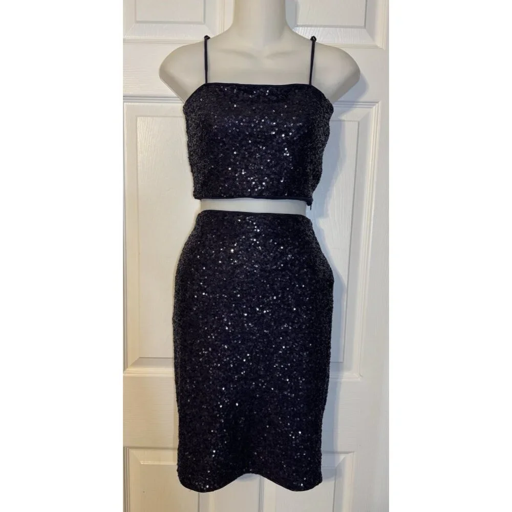Susana Monaco 2 PC Set S Small Thunder Blue Sequin Crop Top & Skirt NWT $256
